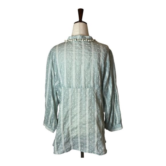 Zara Blue Green Embroidered Pom Pom Neck Embroidered Eyelet Blouse Size XS - Picture 3 of 7